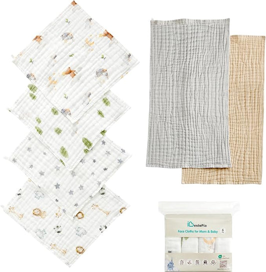 6-Pack Baby Washcloths & Long Towels, 100% Cotton Muslin Face Towels for Baby & Mom, Ultra-Soft Newborn Essentials with Gift Box, for Boys & Girls (Woodland Starry Night Series)