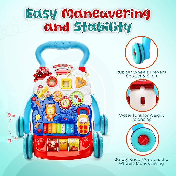 YOLAY Baby Push Walker for Baby Boy and Girl 6-12 Months, Baby Walker with Wheels Safety Knob & Weight Balancing Water Tank, Sit to Stand Detachable Early Learning Activity Center for Kids - Blue