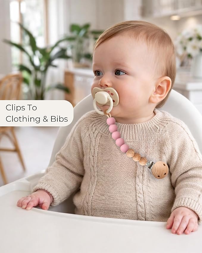 Hippypotamus Pacifier Clips - One Piece All Silicone Holder for Baby’s Binky & Teething Toys - No String Or Loose Beads - Set of 4 (Sand/Rose/Sage/Stone)