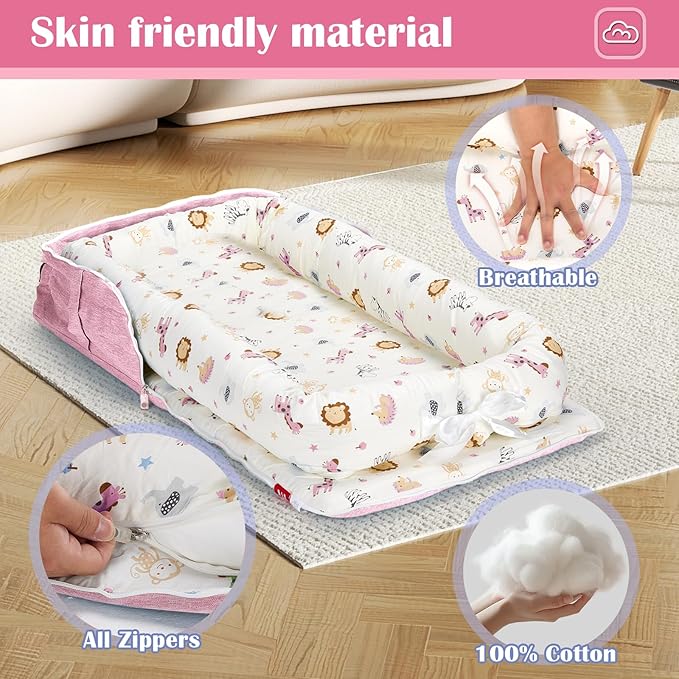 Baby Lounger for Newborns & Infants 0–24 Months, 100% Cotton Breathable Infant Support Cushion with Adjustable Size, Portable Baby Nest for Home and Travel, Baby Shower Gift (Animal World Pink)