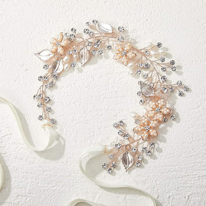 SWEETV Flower Girl Headband for Wedding, Baby's Breath Hair Piece, Rose Gold Headpiece for Birthday Party, Photography