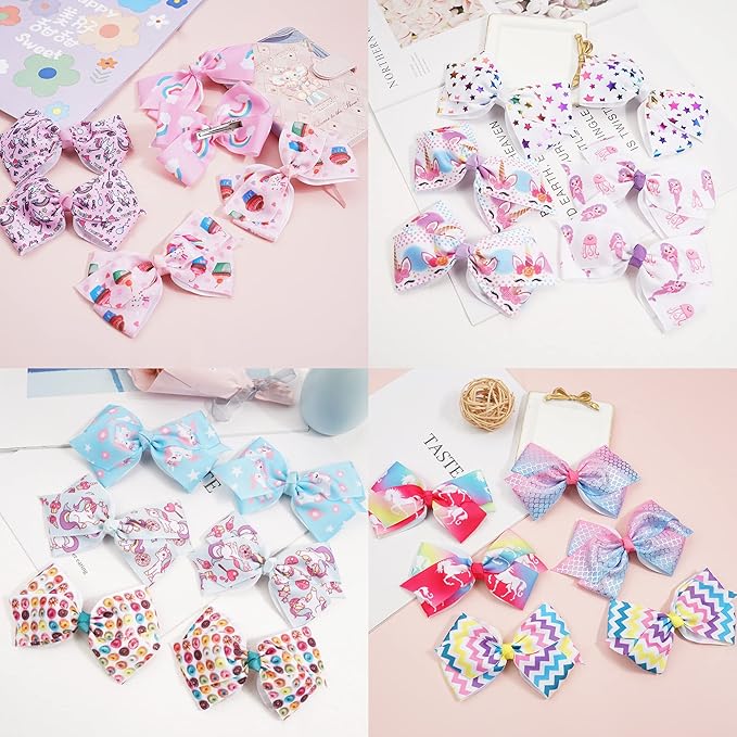 24PCS 4.5Inch Bows for Girls Boutique Grosgrain Ribbon Rainbow Hair Bow Alligator Hair Clips Pigtail Bows Unicorn Hair Clips for Baby Girls Toddler Kids Children Teens in Pairs