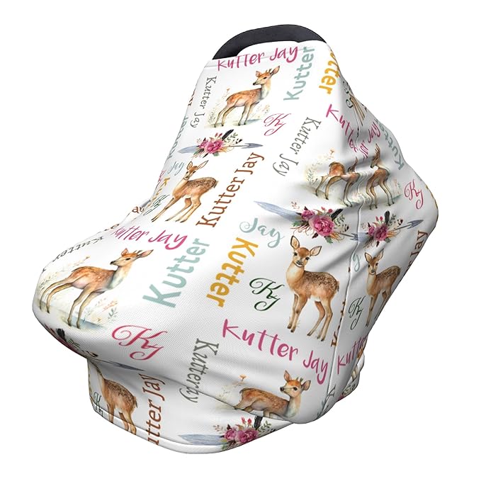 Personalized Deer Baby Car Seat Cover with Name,Multi-Use Canopy for Nursing, Strollers,Shopping Carts,Customized Breastfeeding Cover, Full Privacy,Infant Stroller Cover