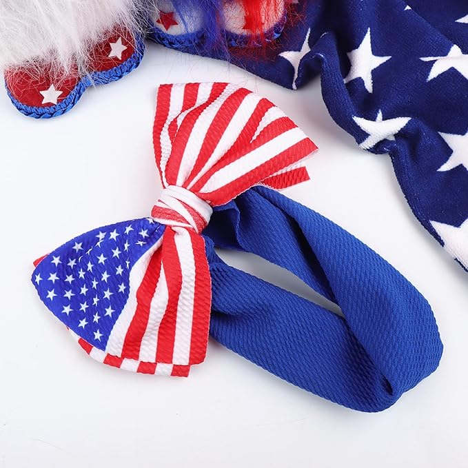 Patriotic Hairband - American Flag Headband with Red, White and Blue Nylon Bows for Baby Girls, Toddlers - Fourth of July Accessories