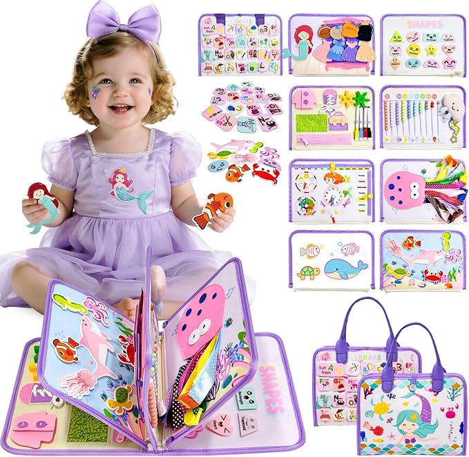 Aurasys Toddler Busy Board Montessori Toys for Girls Birthday Gift, Sensory Busy Book Educational Learning Activity Board for Toddler Girls, Travel Activities Toys for Airplane Car