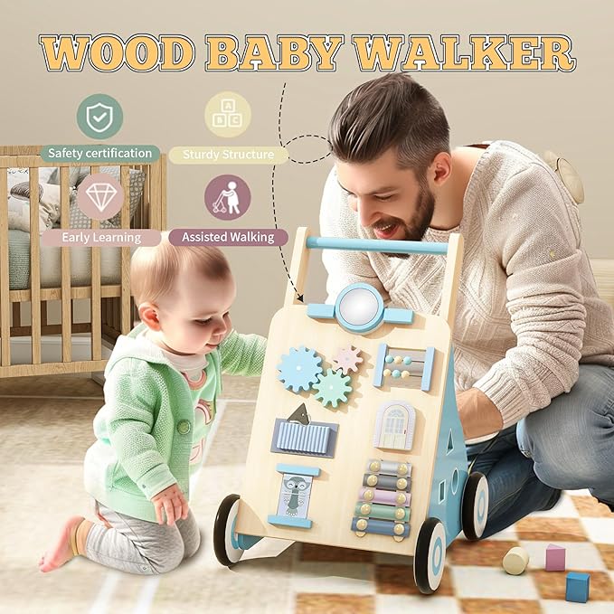 Baby Walker with Activity Center, Wooden Walker Toddler Push Walker Adjustable Height and Speed Montessori Walker Toy for Boys Girls Ages 9+ Months, Blue