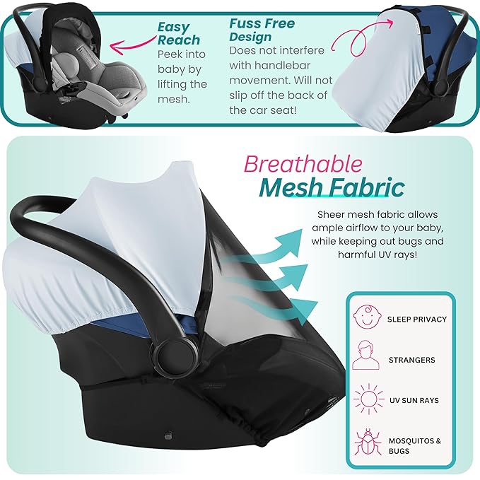 Car Seat Cover Baby - Infant Newborn Carseat Cover for Summer - Doona Car Seat Cover - Mosquito Net for Car Seat - Breathable Sunshade Extension Canopy Bug Protector