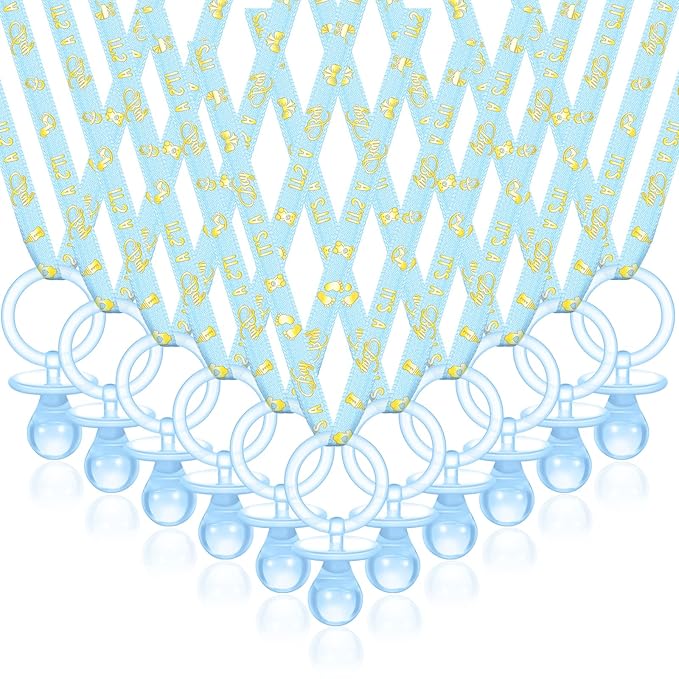 Junkin 60 Pieces Baby Shower Pacifiers Necklace Acrylic Pacifiers Necklace Charm for Girls Boys Baby Shower Party Favors Decorations, Boy Style(Blue, Gold)