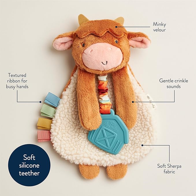 Itzy Ritzy - Itzy Lovey Including Teether - Baby Lovey with Teether, Textured Ribbons & Dangle Arms - Features Crinkle Sound, Sherpa Fabric and Minky Plush (Highland Cow)