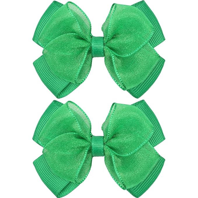 Tiny 3 Inch Organza Double Hair Bow Clips - Lined Boutique Alligator Hairpin for Baby Girls, Toddlers, and Little Teens - Kids Barrettes Set of 2 Small Stylish (Green)