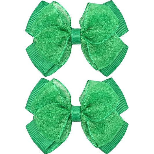 Tiny 3 Inch Organza Double Hair Bow Clips - Lined Boutique Alligator Hairpin for Baby Girls, Toddlers, and Little Teens - Kids Barrettes Set of 2 Small Stylish (Green)