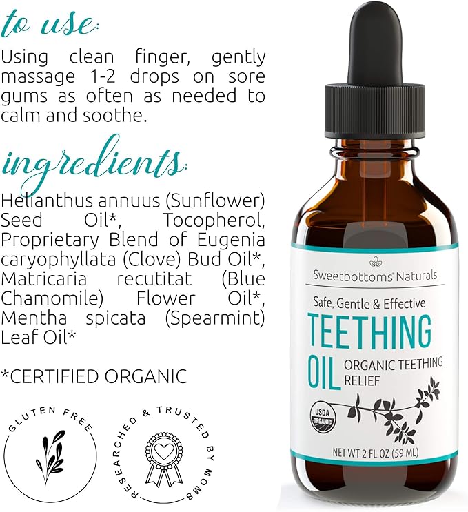 Certified Organic Teething Oil - Ease Teething Discomfort & Sore Gums Quickly & Effectively - Natural Vegan Botanical Ingredients - 2 oz Bottle with Glass Dropper - Baby Teething Relief