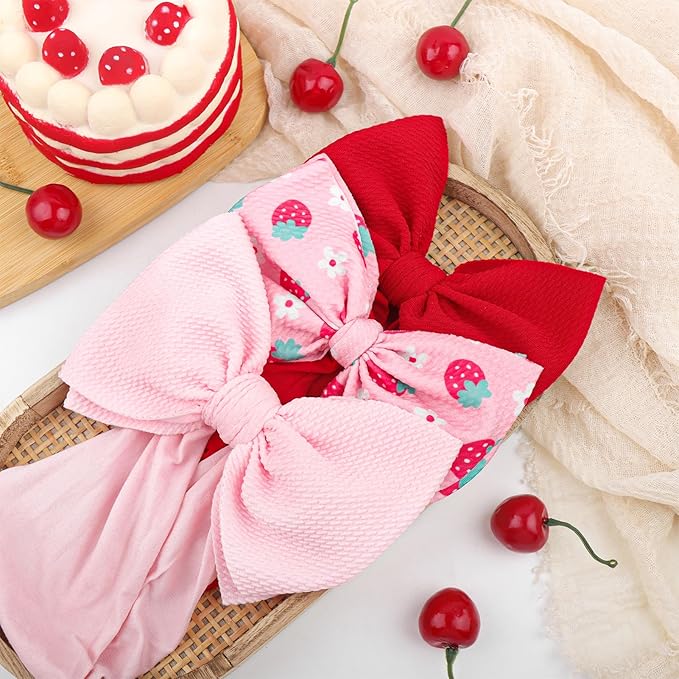 3 Pcs Baby Girl Headbands 6’’ Pink Bows Strawberry Hair Accessories Summer Outfits for Newborn Infant Toddler Girls Clothes