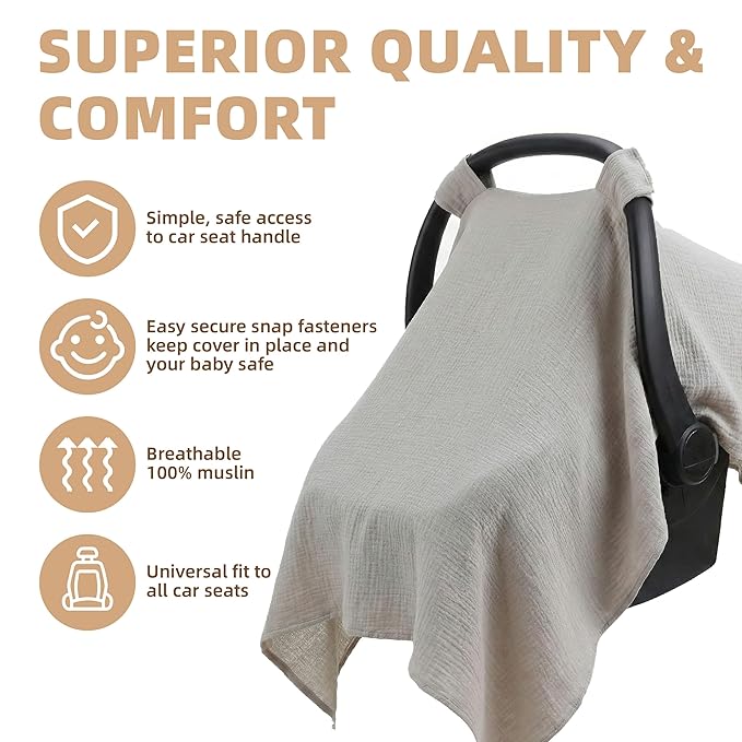 Muslin Cotton Car Seat Cover Baby, Infant Car Seat Cover & Canopy, Universal Fit Stroller Cover for Boys & Girls, Breathable Sunshade Protection (Summer Wheat)