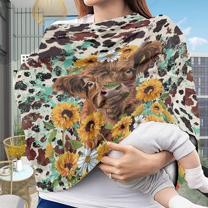 Wanyint Highland Cow Sunflower Baby Car Seat Covers Nursing Scarf Car Seat Canopy Shopping Cart Cover and High Chair Cover Protect Babies and Breastfeeding Mothers