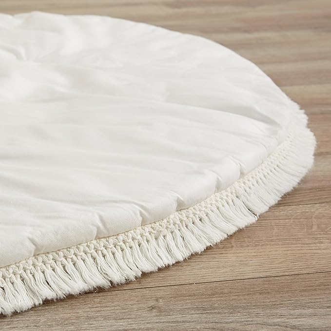 Sweet Jojo Designs Ivory Boho Chic Sun Boy Girl Baby Play Mat Tummy Time Activity Infant Playmat Playpen Tent Teepee Floor Cotton Bohemian Farmhouse Shabby Nature Gender Neutral Beige Tufted Fringe