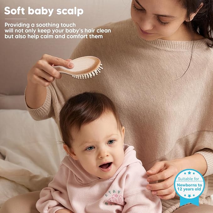 DEBETOOL Baby Hair Brush and Comb Set for Newborns & Toddlers - Wooden Baby Brush Set With Soft Goat Bristle and Toddler Comb, Ideal for Cradle Cap