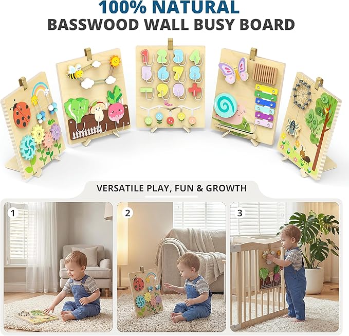 BlueWood Wooden Busy Board for Toddlers, 14-in-1 Montessori Philosophy Educational Toy, Activity Center Made from Basswood, No Drilling, Easy to Carry & Store