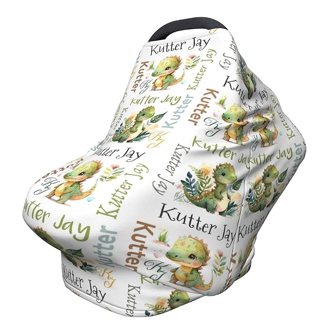 Personalized Dinosaur Baby Car Seat Cover with Name,Multi-Use Canopy for Nursing, Strollers,Shopping Carts,Customized Breastfeeding Cover, Full Privacy,Infant Stroller Cover