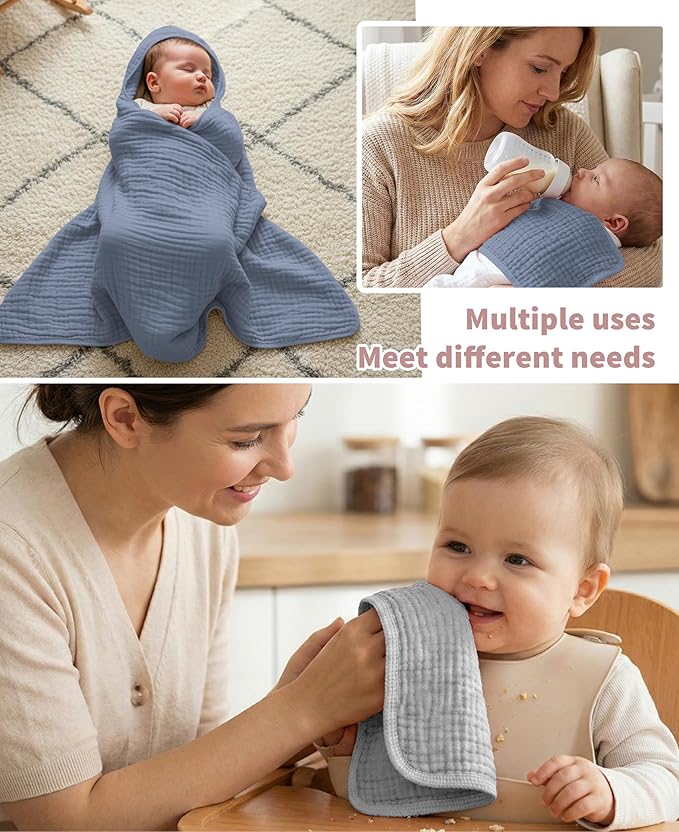 6Pcs Baby Muslin Hooded Bath Towels and Washcloths,32"x 32" Muslin Cotton Hooded Baby Towels for Newborn Shower