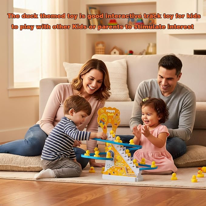 Small Ducks Climbing Toys, Electric Llittle Duck Climbing Stairs Toy, Funny Duck Roller Coaster Track with 9 Ducks LED Lights & Music Button, Small Duck Slide Toy for Children Kids and Baby