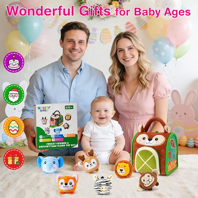 Baby Toys - Soft Squirrel Barn with 6 Sensory Stuffed Animals - Rattles, Crinkle, Mirror, Montessori Toys Ball for 6-12 Months & 0-3 year Toddler Boy Girl Birthday Gift Travel & Fidget Toy