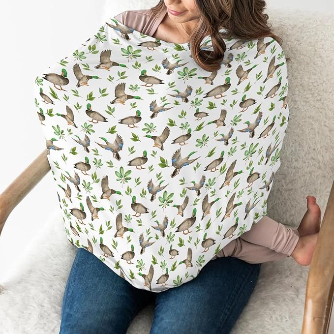 Wild Ducks Green Leaves Car Seat Cover for Babies Green Mallard Ducks Stretchy 5-in-1 Cover Adjustable Car Canopy Cover Duck Hunting Animals Breathable Nursing Cover-Up