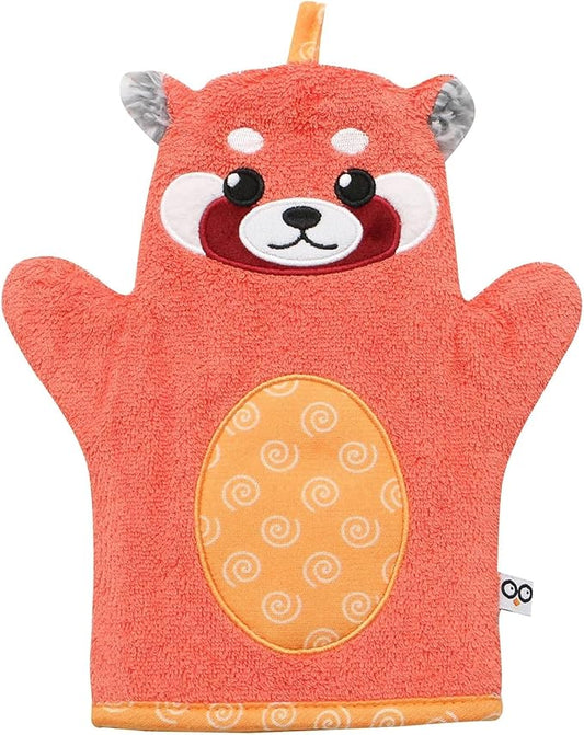 ZOOCCHINI Bath Mitt for Kids – 100% Cotton Terry with Soft Lining, Playful Animal Puppet Design for Fun Bathtime, One Size 5” x 9.25”, Remi the Red Panda
