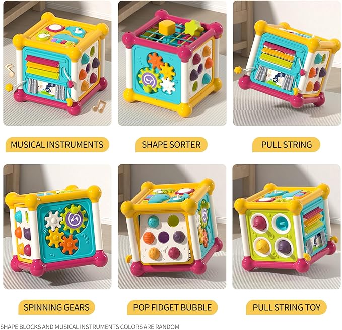 Baby Activity Cube, 6-in-1 Educational Early Development Toy with 4 Sensory Shape Blocks, Music Busy Board, Montessori Toys for 1 2 Year Old, Birthday Gift for 1 Year Old