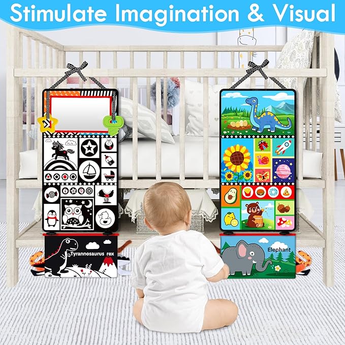 Aboosam Tummy Time Baby Mirror Toys 0-6 6-12 Months - Montessori Infant Toys Brain Development with Crinkle Cloth Book and Teether - High Contrast Newborn Sensory Toys for Babies Boys Girls Gifts