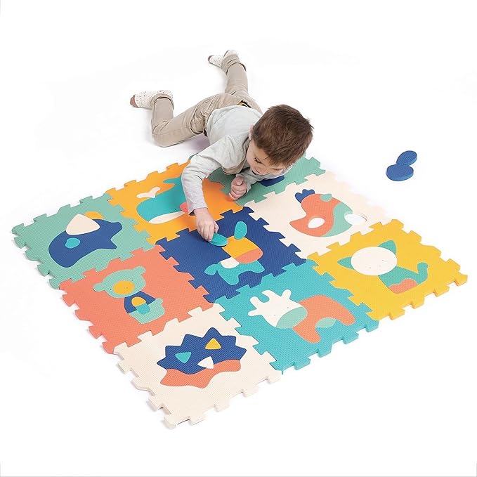 LUDI Animal Rug - Giant Puzzle - 9 Foam Tiles - From 10 Months - Awakening Baby - Develops Wellbeing, Touch, Discovery and Reflection - 90 x 90 x 1.2 cm