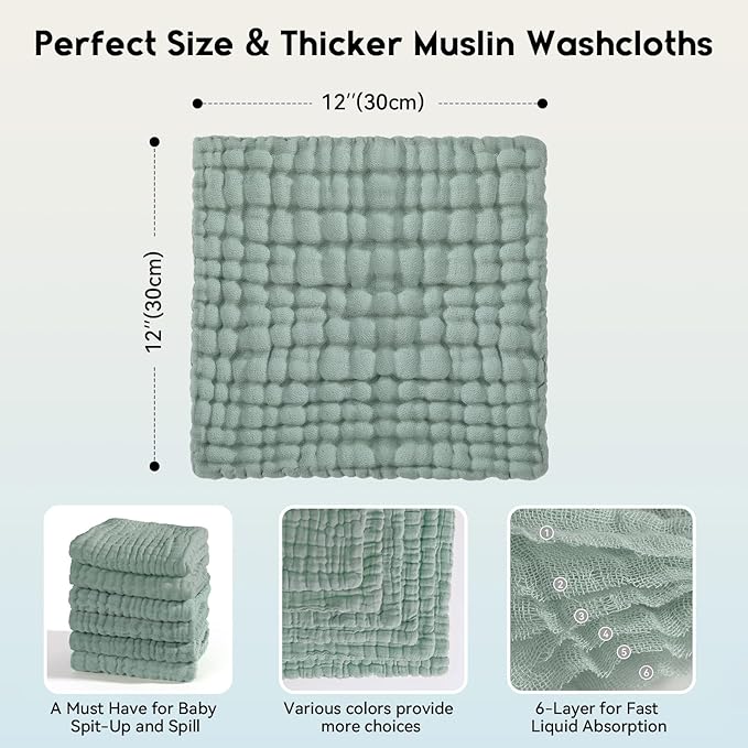 Unnivoll Muslin Burp Cloths Baby 12''X12'', Baby Washcloths 6 Pack, 100% Cotton Baby Wash Cloths Absorbent and Soft for Newborn Infants Kids Boys Girls - Dark Green