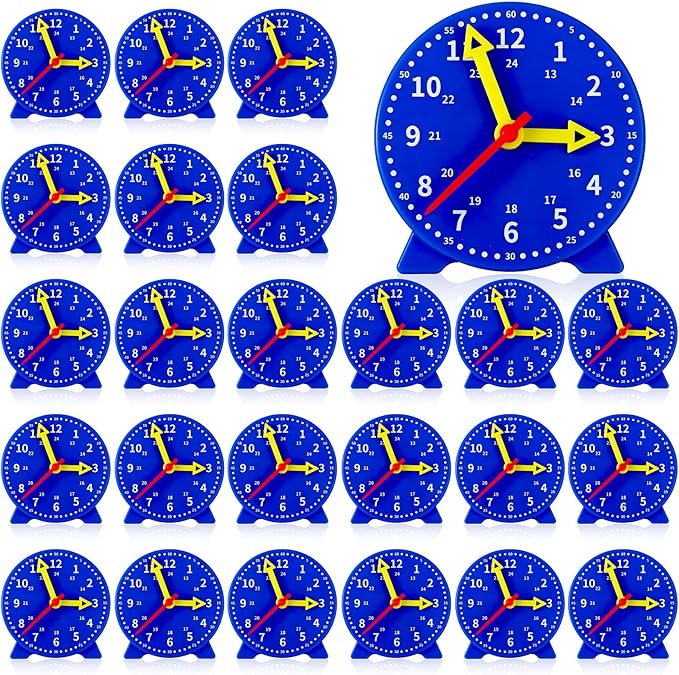Batiyeer 24 Pcs Teaching Clock Kit for Kids to Tell Time Teaching Mini Geared Clock for Kids Basic Math Development Teacher and Classroom Supplies, 4 Inch (Dark Blue)