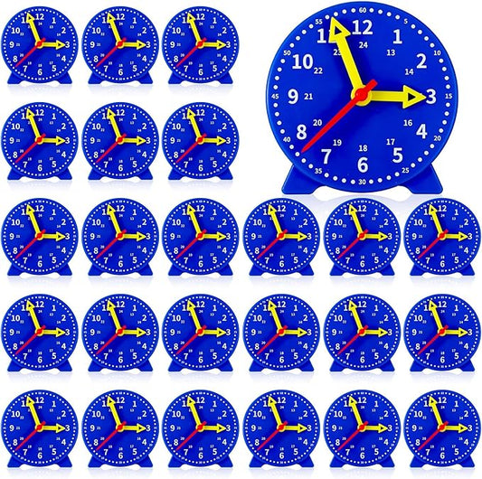 Batiyeer 24 Pcs Teaching Clock Kit for Kids to Tell Time Teaching Mini Geared Clock for Kids Basic Math Development Teacher and Classroom Supplies, 4 Inch (Dark Blue)