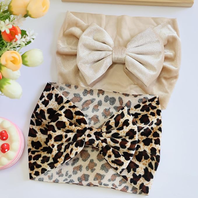 Velvet Khaki Leopard Baby Headbands Big Bows for Baby Girls Velvet Soft Hairbands Bows Wide Head Wrap Beige Hair Accessories for Newborn, Infant Toddlers 0-6Months