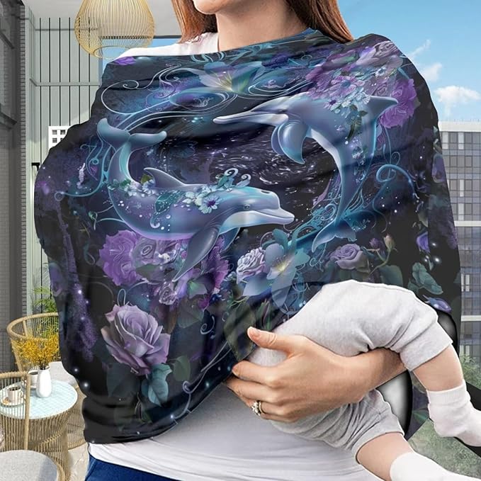 Youngerbaby Dolphin Flower Nursing Cover Carseat Canopy Car Seat Covers for Babies Mom Breastfeeding Scarf Infant Multi Use Cover for Baby Stroller Shopping Cart Feeding High Chair
