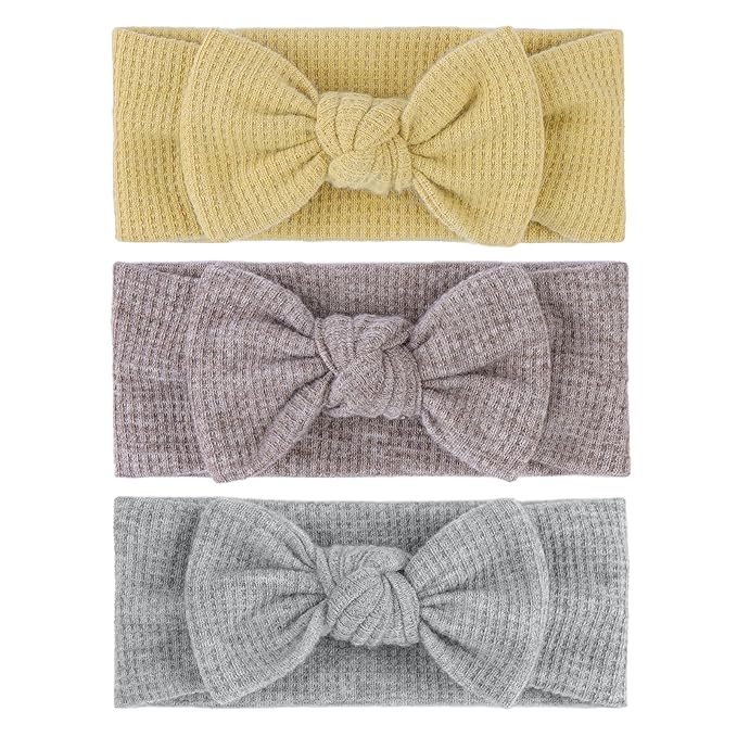 Baby Girls Waffle Headbands with Bows Elastics Handmade Hair Accessories Newborn Infant Toddler Hairbands and Bows Headwrap Kids 3 Packs Yellow Dark Khaki Gray