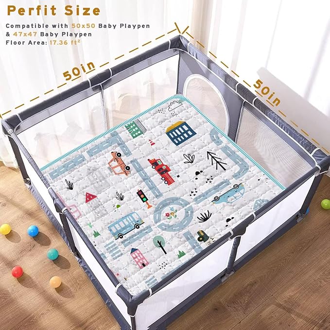 Baby Play Mats for Floor, 50X50 Playpen Mat, Thick Soft Car Play Mat Non-Slip Cushioned Crawling Mat Activity Playmats for Babies and Toddlers, Foldable & Machine Washable Playmat (City Car,50x50)