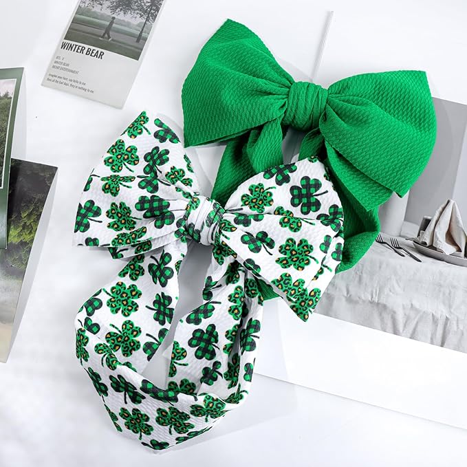 St. Patrick's Day 7 Baby Girl Nylon Hair Accessories: Clover Printed Elastics Bows Headbands for Newborn, Infant, Toddler (Green, 2Pcs)