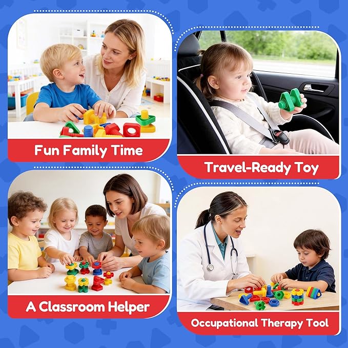 LotFancy Nuts and Bolts, 24pcs Fine Motor Skills Occupational Therapy Toys for Kids, Shapes and Colors Matching Toys, Montessori Building Construction Game with Storage Box for Baby and Toddlers