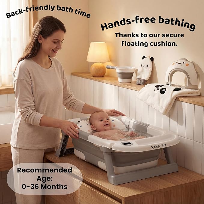 6-in-1 Collapsible Baby Bathtub Set with Thermometer, Foldable Infant Tub for Newborn to Toddler, Portable Bath Set with Cushion, Rinse Cup, Cap, Towel & Mitt, All-in-One Baby Bath Essentials