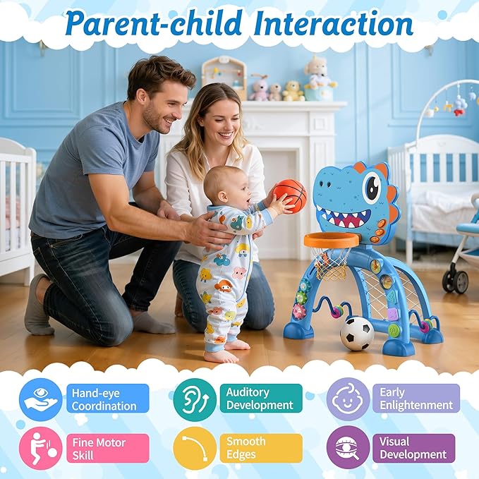 Dinosaur Toys for 1 Year Old Boy and Girl, Twinkoo Basketball Hoop & Soccer Goal Montessori Toys with Sound and Music for Baby 12-18 Months,Gift for 1 Year Old Boy Girl(Blue)
