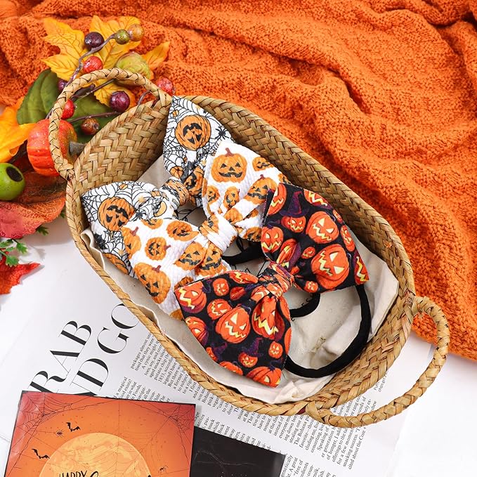 Halloween Baby Girl Headbands with Bows for Newborn Orange Hair Bow Hair Accessories Elastic Nylon Halloween Hairbands 3 PCS