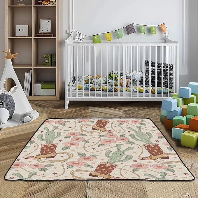 Baby Play Mat Cactus Cowboy Boots Floral 50 x 50 Playpen Mat Baby Play Mats for Floor Play Gym Crawling Mat Non-Slip Cushioned Baby Playmat for Infants, Babies, Toddlers