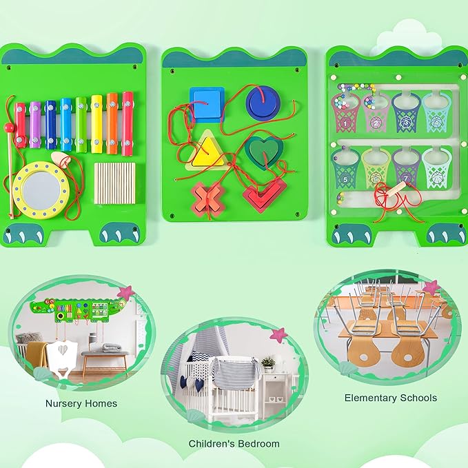 Spacocld Crocodile Sensory Toys Activity Wall Panels - Montessori Busy Board, Toddler Learning Panel, Wall-Mounted Playroom/Daycare Educational Toys, Interactive Wooden Gift for Kids 3-6, Green