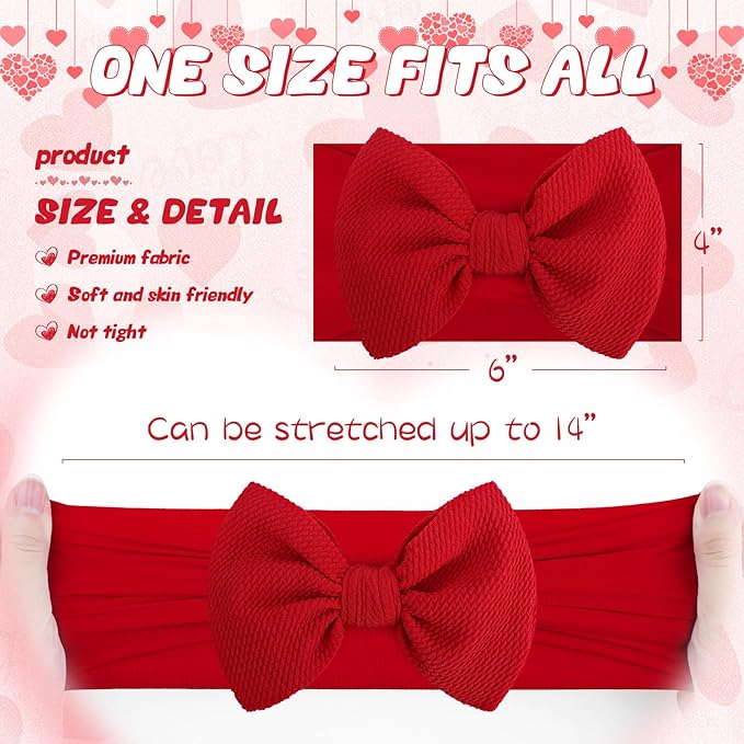 Valentines Baby Bow Headbands for Girls Waffle Tied Bow Hairbands Handmade Cute Red Love Heart Head Wraps Hair Accessories for Infant Toddler Kid 2Pcs
