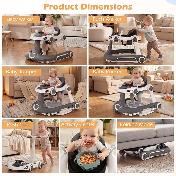 INFANS 6-in-1 Foldable Baby Walker, Converts Push Car to Bouncer, Rocker with Music, Lights, Adjustable Height & Speed, Activity Center, Canopy for 7-18 Months (Gray White)