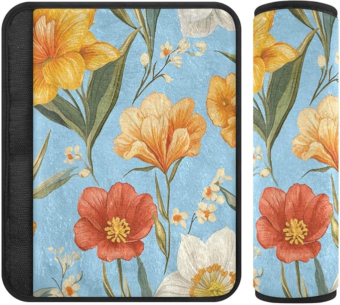 Car Seat Belt Pads Covers Set of 2 Soft Unique Camera Bag Strap Cover for Adults Youth Kids S Autumn Flowers Flower Daffodil Gladiolus Blue