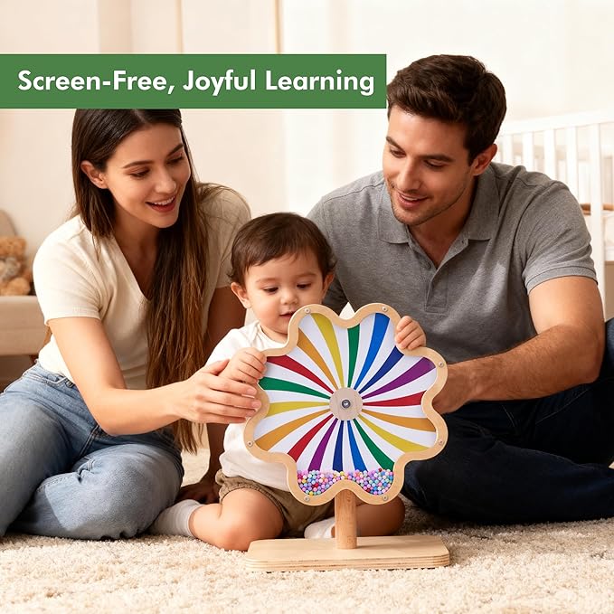 Spinning Activity Drum Toy with Sound, Montessori Wooden Sensory Toy for Babies, Perfect Birthday & Party Gift for 6-18 Months+