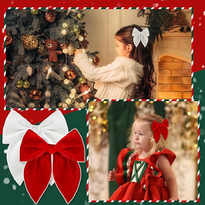 Christmas Hair Bows for Girls, 4 Pcs Velvet Bow Hair Clips, Fable Hair Accessories for Little Girls Toddler Kids (Medium, 5in)